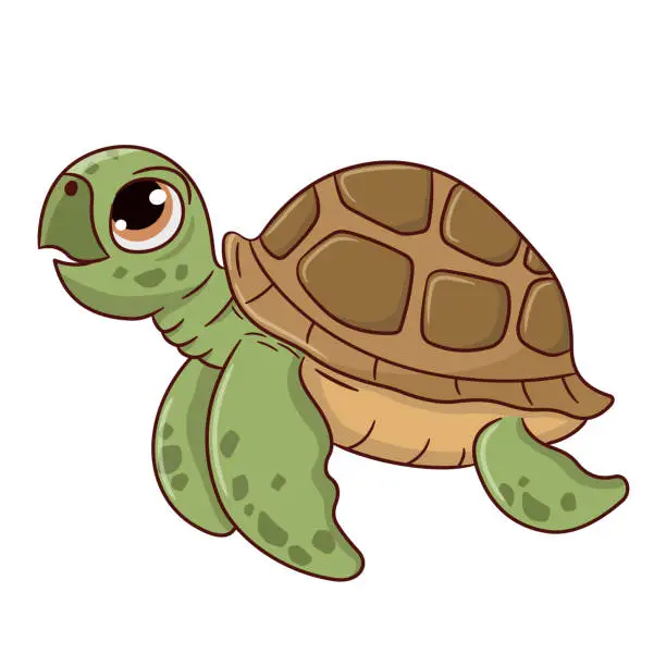 Vector illustration of A cute smiling sea turtle cartoon style. It has green skin and a brown carapace.