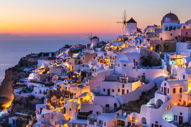 istock Night lights after sunset at Santorini island, Greece. 1491747733