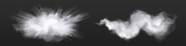 Realistic set of white powder clouds Realistic set of white powder clouds isolated on transparent background. Vector illustration of abstract dust explosion in air, crystal clear washing detergent scattered, snow blizzard, flour burst free chore backgrounds stock illustrations