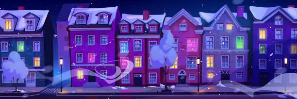 Vector illustration of Scandinavian cartoon snow night city illustration