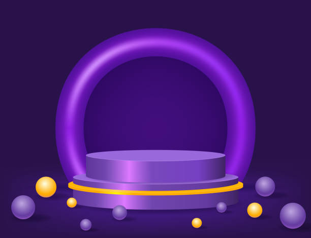 istock Abstract room with purple, orange pedestal podium, round plastic arch shape and balls 1491751222