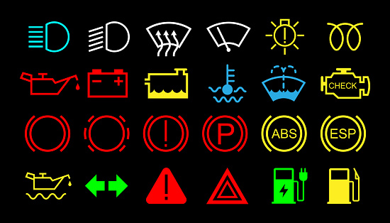 Car dashboard icon set. Vehicle service and warning symbol sign collection. Vector illustration image.