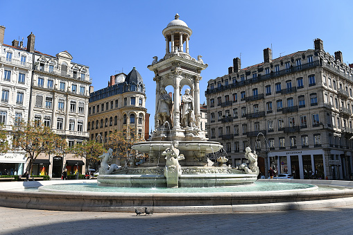 Lyon, France-05 02 2023: The fountain in the center of the Place des Jacobins in Lyon, France.