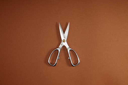 Top View Of Scissors On Brown Background