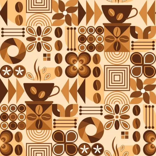 Vector illustration of Coffee theme pattern with icons in geometric style