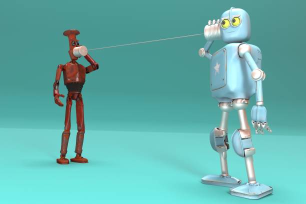 istock Retro two robots talking on tin can phones. 3d render 1491758573