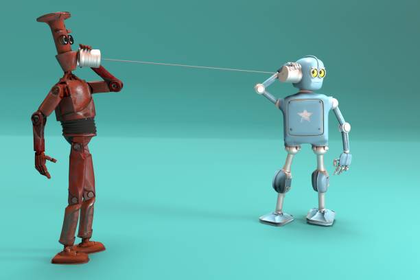 istock Retro two robots talking on tin can phones. 3d render 1491758581