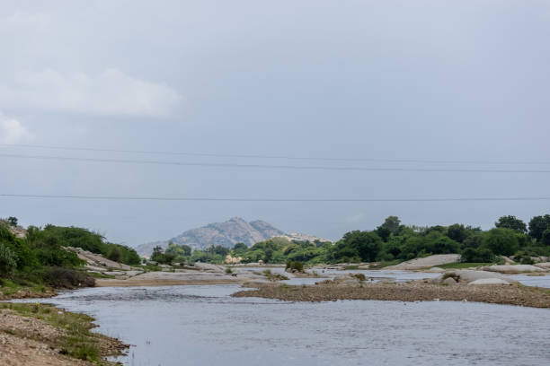 Landscape of Aravalli hills of granite mountains with river in rajasthan, India.
