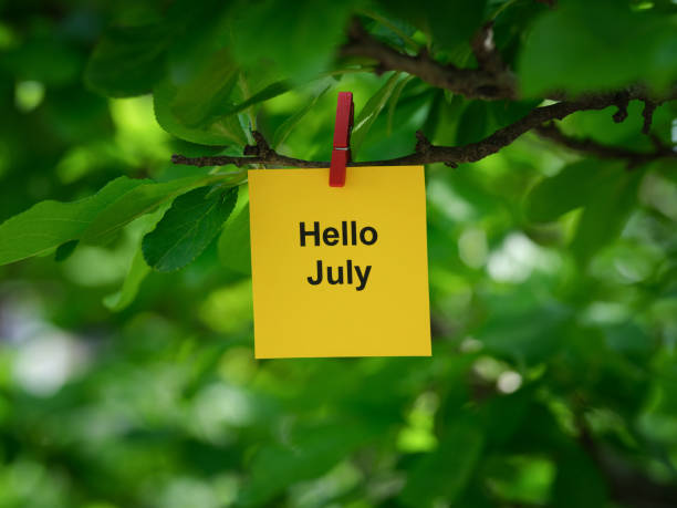 istock A yellow paper note with the words Hello July on it attached to a tree branch with a clothes pin 1491760653