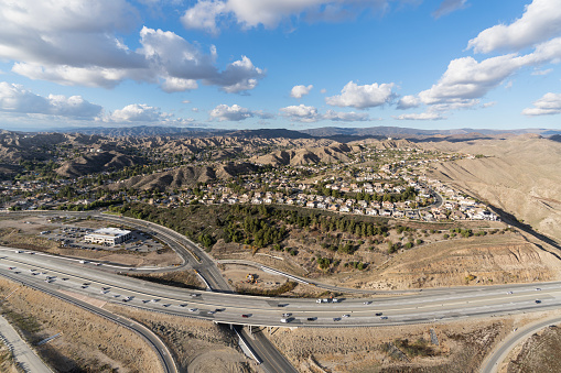 Aerial view of suburban landscape in the Santa Clarita area of Los Angeles County, California.