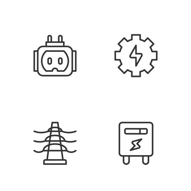 ilustrações, clipart, desenhos animados e ícones de set line medidor elétrico, linha de torre, tee plug elétrico e engrenagem e ícone de raio. vetor - quilowatt