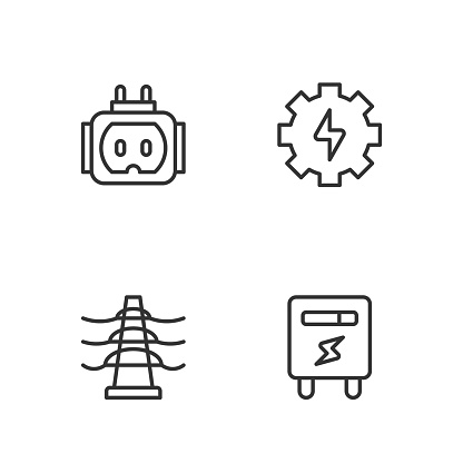 Set line Electric meter tower line Tee plug electric and Gear and lightning icon. Vector.