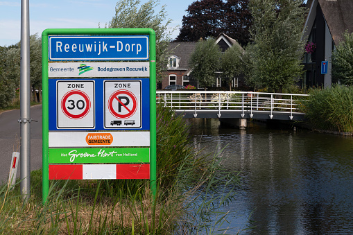 Reeuwijk-Dorp, Netherlands, July 24, 2022; Reeuwijk-Dorp place name sign in The Netherlands.