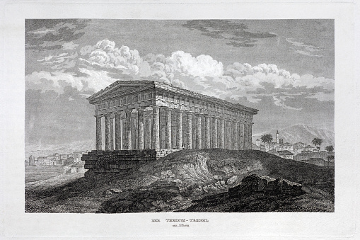 Rare steel engraving of Temple of Hephaestus, formerly known as Theseion or Thiseon, in Agora of Athens, originally published in 1835 in Meyer's Universum, volume 2