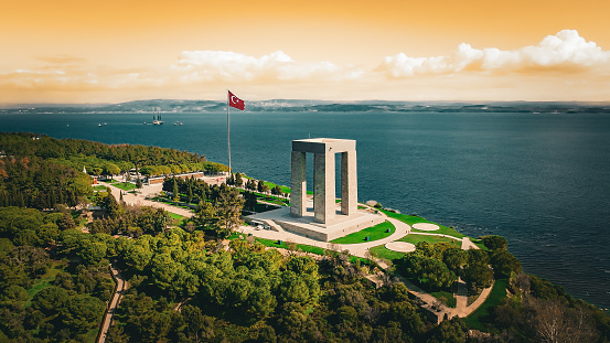 The Canakkale Martyrs' Memorial (Turkish: Çanakkale Şehitleri Anıtı) is a war memorial commemorating the service of about 253,000 Turkish soldiers who participated at the Battle of Gallipoli, which took place from April 1915 to December 1915 during the First World War. It is located within the Gallipoli Peninsula Historical National Park on Hisarlık Hill in Morto Bay at the southern end of the Gallipoli peninsula in Çanakkale Province, Turkey.