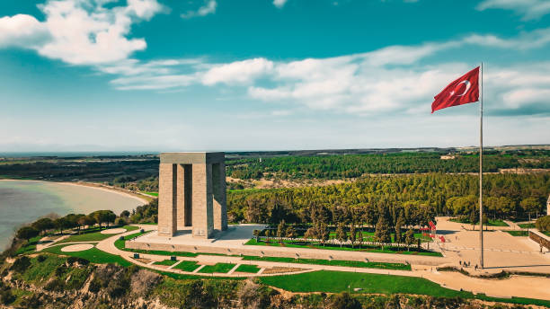 Martyrs' Memorial, Canakkale The Martyrs Memorial, monument built for martyrs in the battle of canakkale, popular destination of turkey, symbol of the city of canakkale, mustafa kemal ataturk war, turkey wars, world war symbol The Canakkale Martyrs' Memorial (Turkish: Çanakkale Şehitleri Anıtı) is a war memorial commemorating the service of about 253,000 Turkish soldiers who participated at the Battle of Gallipoli, which took place from April 1915 to December 1915 during the First World War. It is located within the Gallipoli Peninsula Historical National Park on Hisarlık Hill in Morto Bay at the southern end of the Gallipoli peninsula in Çanakkale Province, Turkey. dardanelles stock pictures, royalty-free photos & images