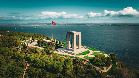 The Canakkale Martyrs' Memorial (Turkish: Çanakkale Şehitleri Anıtı) is a war memorial commemorating the service of about 253,000 Turkish soldiers who participated at the Battle of Gallipoli, which took place from April 1915 to December 1915 during the First World War. It is located within the Gallipoli Peninsula Historical National Park on Hisarlık Hill in Morto Bay at the southern end of the Gallipoli peninsula in Çanakkale Province, Turkey.