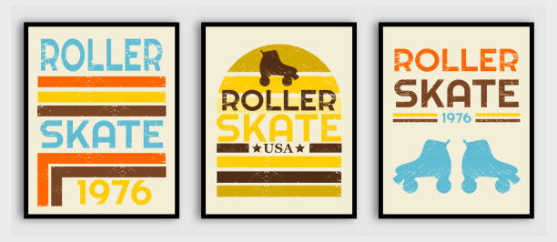 Retro vintage roller skate poster design set