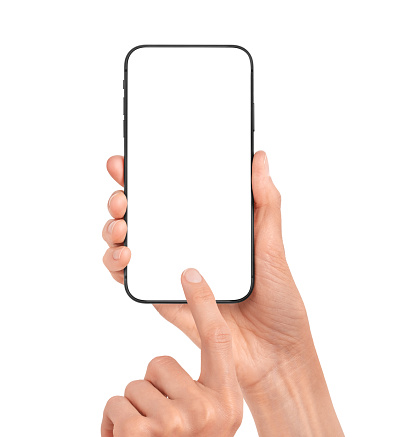 Hand holds smartphone mockup. Mobile phone template with blank screen. Cell phone device isolated on white background.