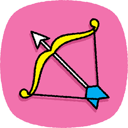 Vector illustration of a hand drawn bow and arrow against a pink background with textured effect.