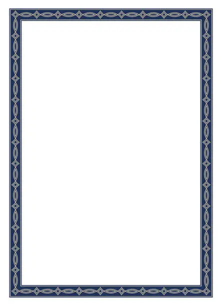 Vector illustration of Maze photo frame vector in antique gold and dark blue on isolated background.