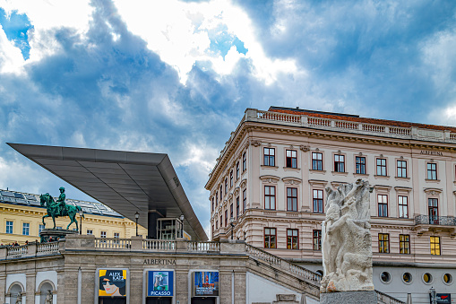 Vienna: Facade of the Albertina art museum, established in 1805, founder by Duke Albert Casimir. One of the largest print rooms in the world with 1 million old master prints.