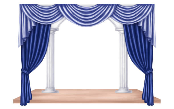 ilustrações de stock, clip art, desenhos animados e ícones de a theater stage with marble columns and satin curtains. digital illustration on a white background. concert hall, classical scenery for the performance, podium, opera, dance studio - palace stage theater vehicle interior indoors