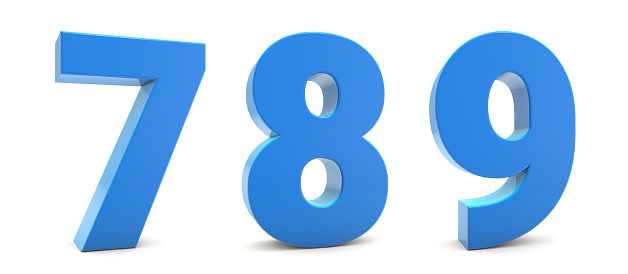 Numbers 7,8,9 isolated on white background. Blue 3d numbers. 3d shiny number collection. 3d rendering