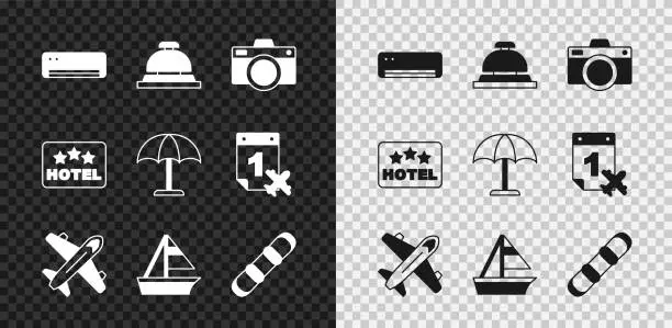 Vector illustration of Set Air conditioner, Hotel service bell, Photo camera, Plane, Yacht sailboat, Snowboard, Signboard with text and Sun protective umbrella icon. Vector