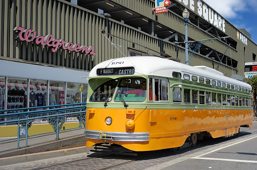 San Francisco, USA - April, 24, 2016: San Francisco tram or muni trolley traveling on the Embarcadero down town. Vintage urban transport