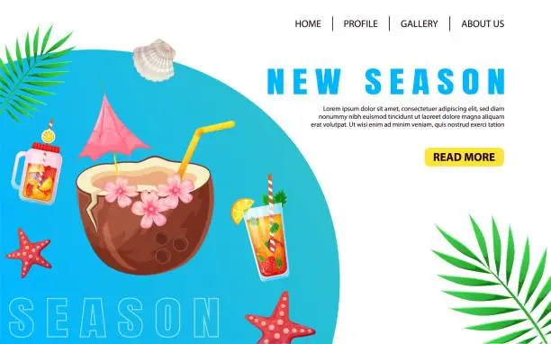 Vector illustration of Creative summer landing page design in trendy colors with cocktails and summer drinks. Web page design. Vector template. Modern vector illustration concept for website.