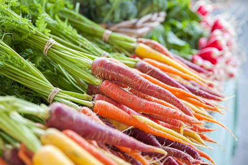 freshly harvested, colorful organic carrots in a farmer's market.