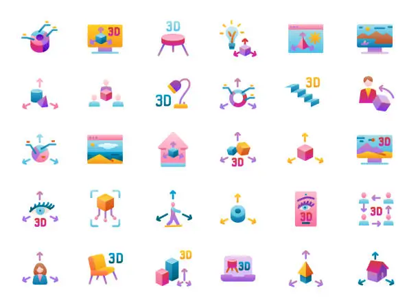 Vector illustration of 3D Modeling Gradient Icons Set