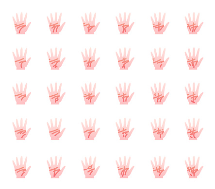 Divination, Palmistry gradient icons set. Palm reading Icon. Vector illustration. Divination is the practice of seeking knowledge of the future or unknown through supernatural or mystical means. Palmistry is a form of divination that involves interpreting the lines and shapes of a person's palm to gain insight into their personality traits, potential future events, and health.