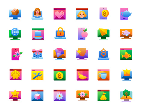 Rendering flat gradient icons set. Render different objects. Vector illustration.