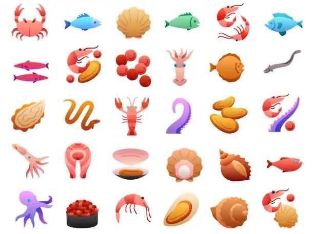 Vector illustration of Seafood Flat Gradient Icons Set