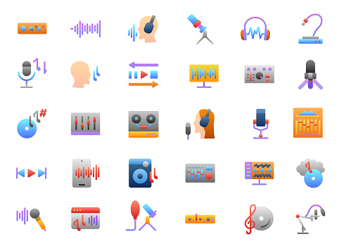 Sound Recording Icons Set. Flat gradient style. Vector illustration.