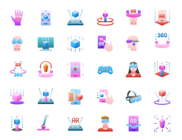 Vector illustration of 3D and Virtual Reality VR Flat Gradient Icons Set