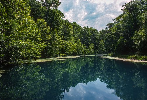 Lake of the Ozarks - Ha Ha Tonka SP - Pond Reflections - 1975. Scanned from Kodachrome II slide.