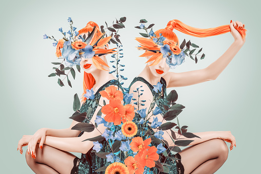 Abstract contemporary surreal art collage portrait of two young women with flowers