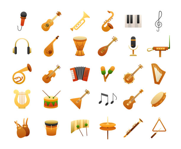 illustrations, cliparts, dessins animés et icônes de instruments de musique flat gradient icons set - flute musical instrument music key