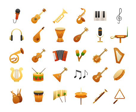 Musical Instruments Icons Set. Flat gradient style. Vector illustration.