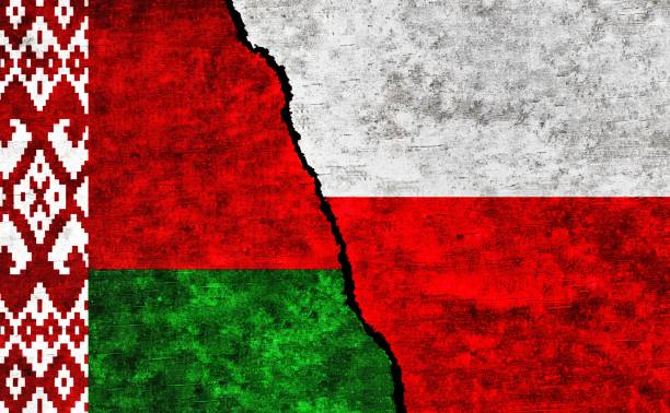 Belarus and Poland flags together. Poland Belarus relations Poland and Belarus flag on wall with crack. Concept of conflict between Belarus and Poland belarus stock illustrations