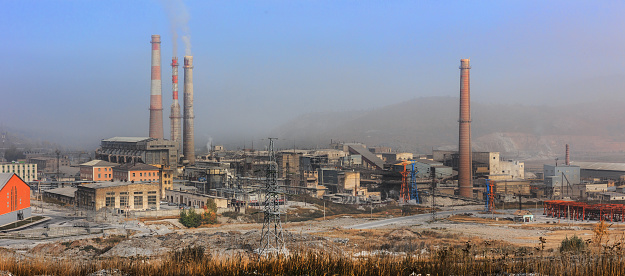 Industrial plant polluting the environment. Panorama industrial landscape