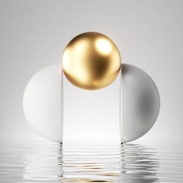 istock 3d render, abstract geometric background, minimalist showcase scene with gold ball, white hemispheres and liquid floor, reflection in the water. Equilibrium concept 1491793952