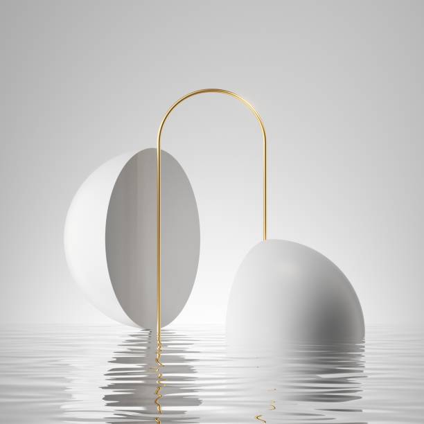 istock 3d render, abstract minimalist geometric background, simple futuristic scene with white hemispheres, golden arch and reflection in the water 1491794704