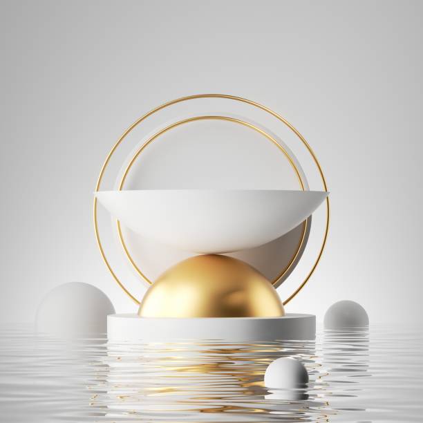 istock 3d render, abstract geometric background, simple showcase scene, white hemispheres balls, golden round frames, liquid floor, reflection in the water. Podium pedestal platform for product presentation 1491794717