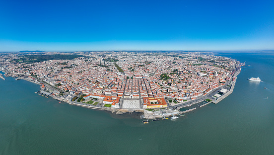 Lisbon Skyline and Cityscape. Tagus River in Foreground, Downtown and Old Town in Background. Portugal. Panorama