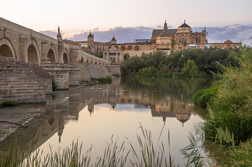 Exposure at sunset of the Roman bridge of and the MosqueCathedral of Cordoba in the background with the Guadalquivir river in the foreground