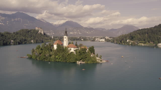 View on the island of lake Bled from above